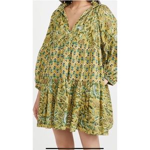 Charina Sarte Tiana Green Batik Long Sleeve Oversized V Neck Mini Dress Small